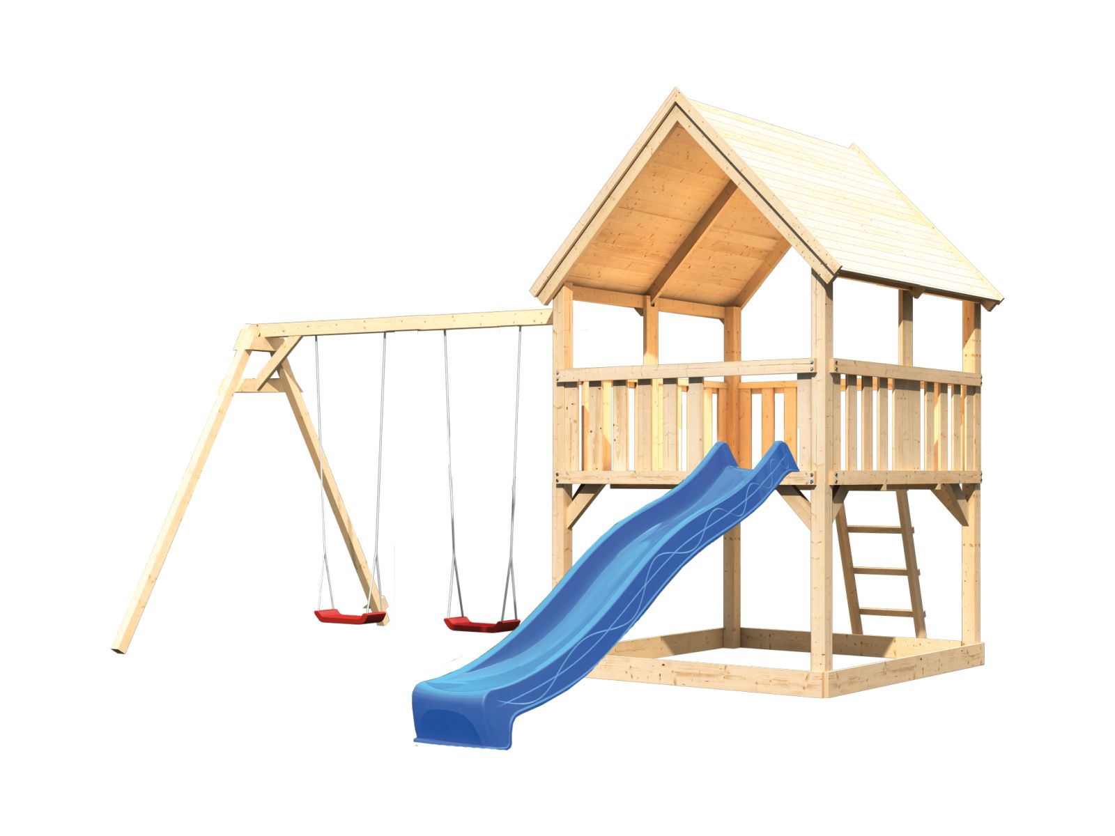 Karibu Spielturm Luis Satteldach + Rutsche blau + Doppelschaukel