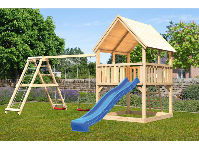 Karibu Spielturm Luis Satteldach + Rutsche blau + Doppelschaukelanbau Klettergerüst
