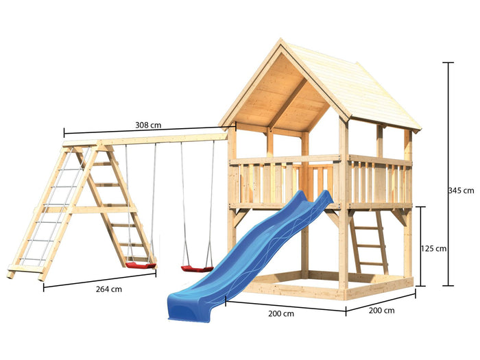 Karibu Spielturm Luis Satteldach + Rutsche blau + Doppelschaukelanbau Klettergerüst
