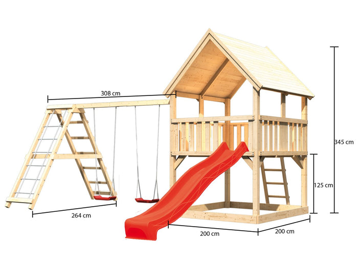 Karibu Spielturm Luis Satteldach + Rutsche rot + Doppelschaukelanbau Klettergerüst