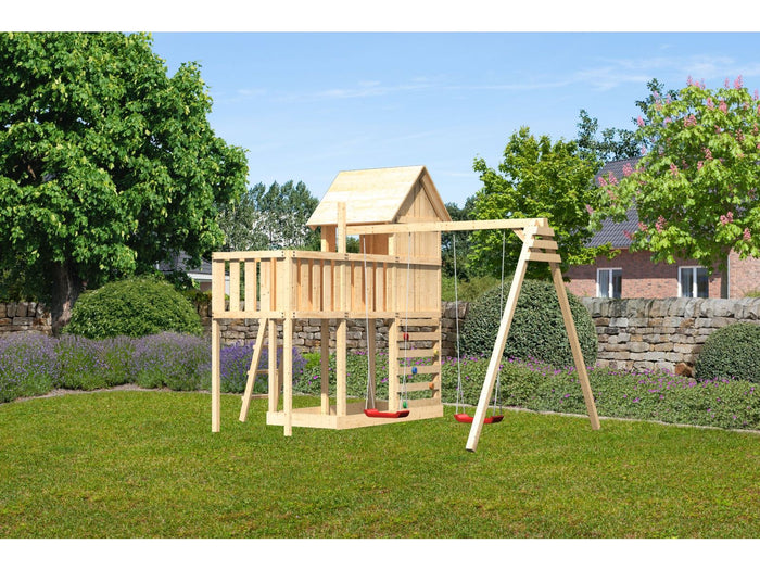 Karibu Stelzenhaus Frieda + Doppelschaukel + Anbauplattform + Kletterwand