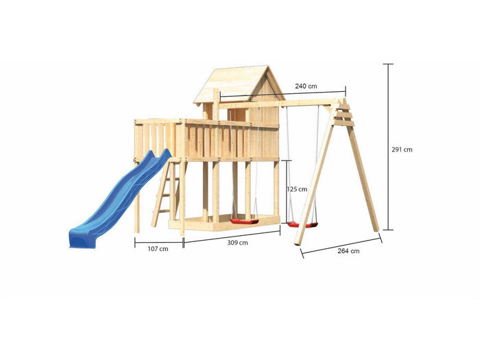 Karibu Stelzenhaus Frieda + Rutsche blau + Doppelschaukel + Anbauplattform