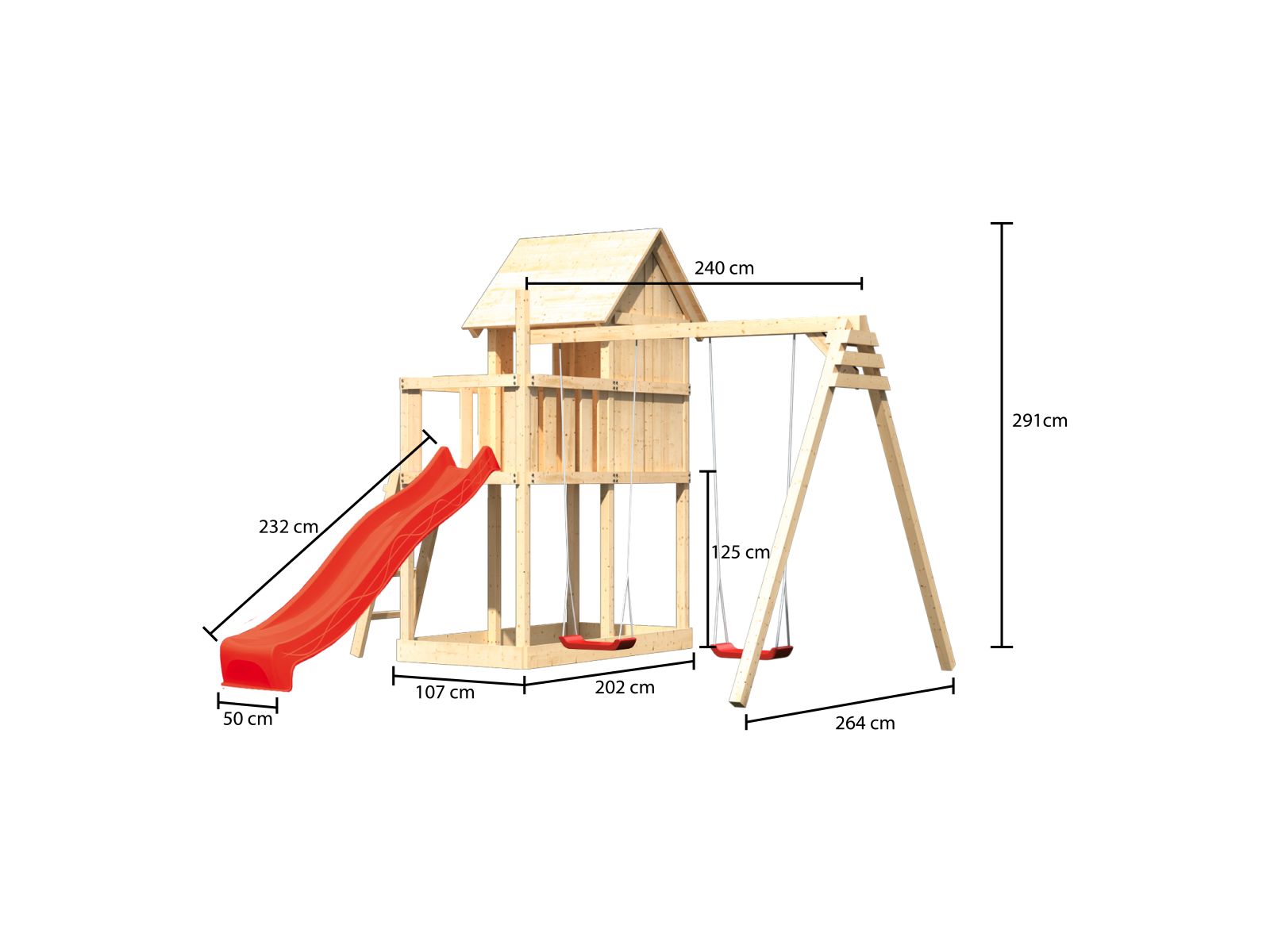 Karibu Stelzenhaus Frieda + Rutsche rot + Doppelschaukel + Anbauplattform