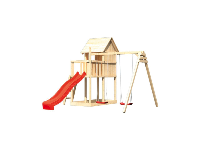 Karibu Stelzenhaus Frieda + Rutsche rot + Doppelschaukel + Anbauplattform