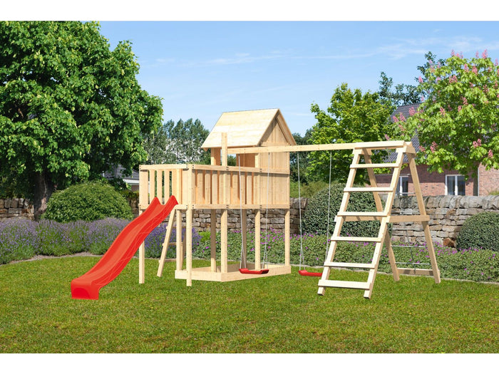 Karibu Stelzenhaus Frieda + Rutsche rot + Doppelschaukelanbau Klettergerüst + Anbauplattform
