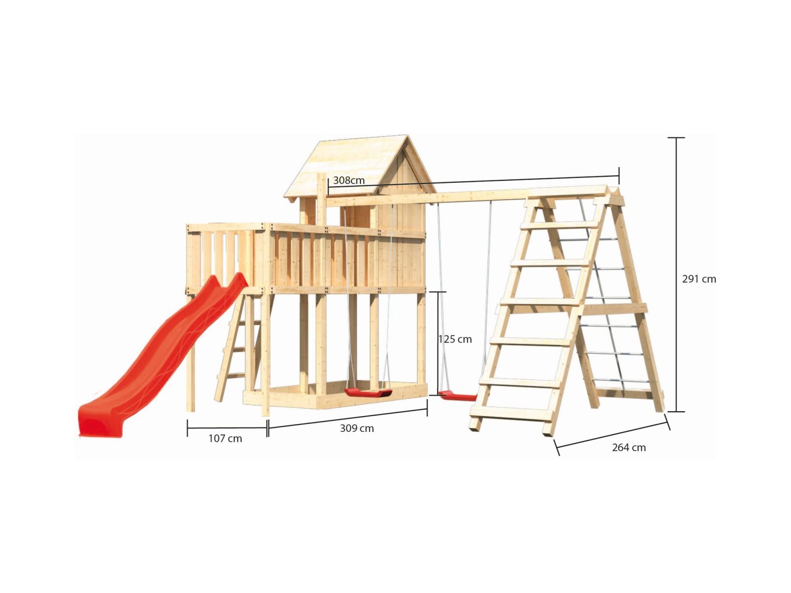 Karibu Stelzenhaus Frieda + Rutsche rot + Doppelschaukelanbau Klettergerüst + Anbauplattform