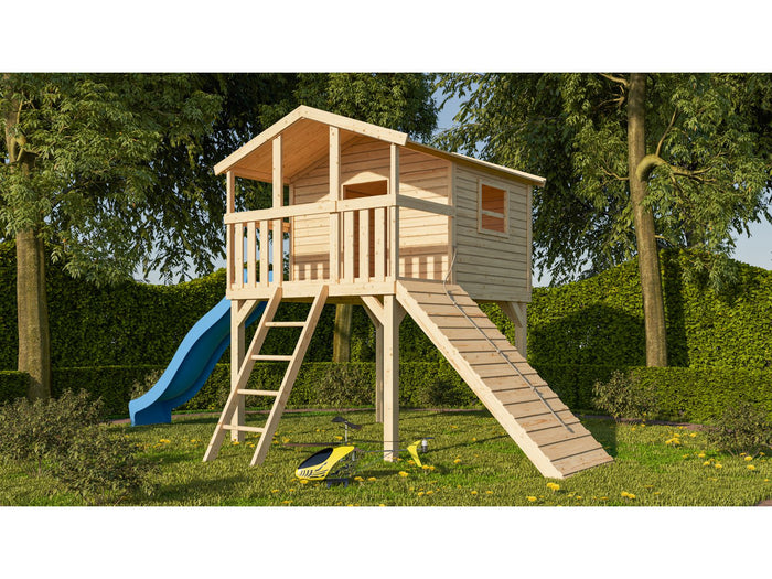 Karibu Stelzenhaus Benjamin naturbelassen + Rutsche blau + Holzrampe