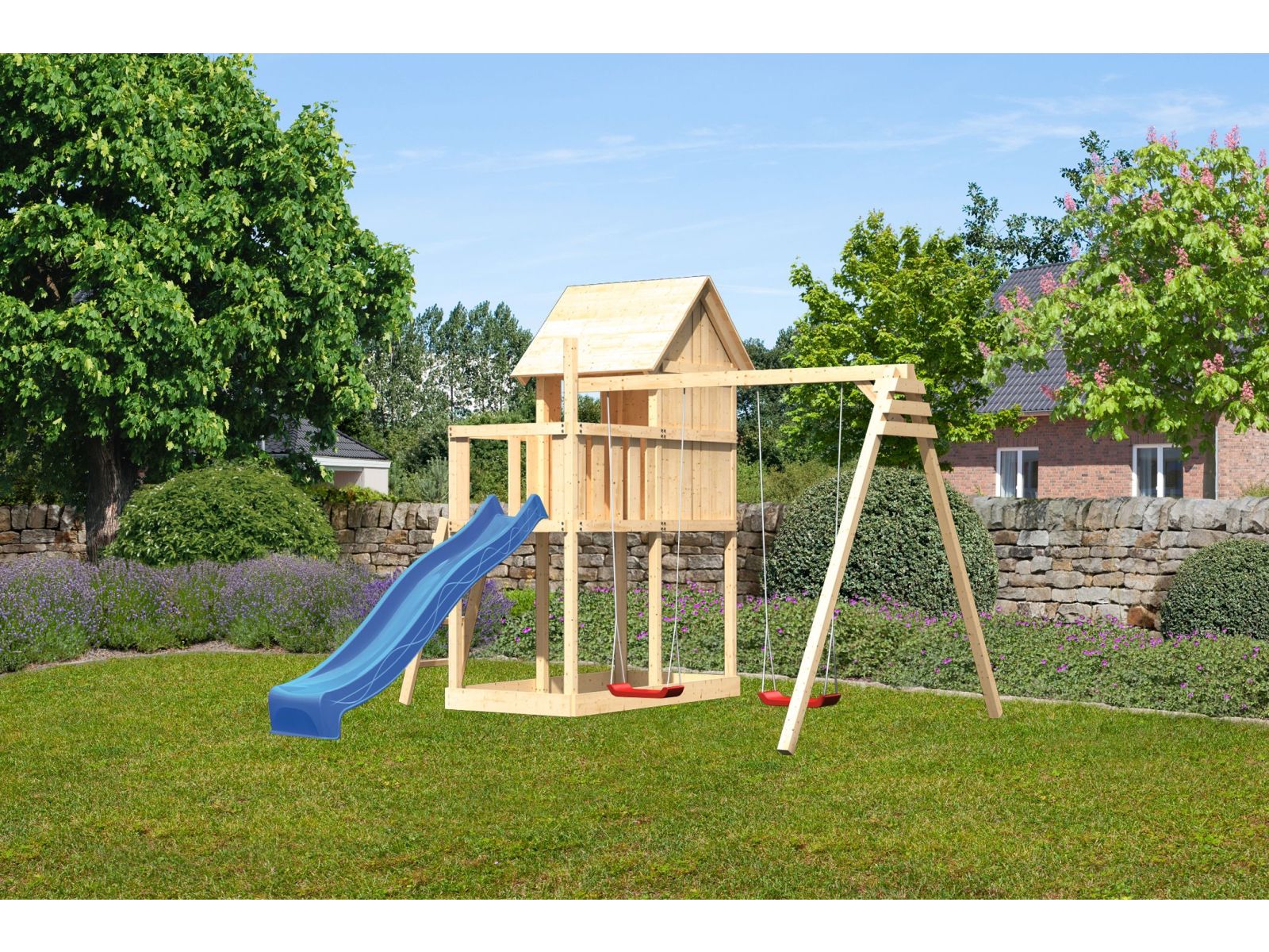 Karibu Stelzenhaus Frieda + Rutsche blau + Doppelschaukel