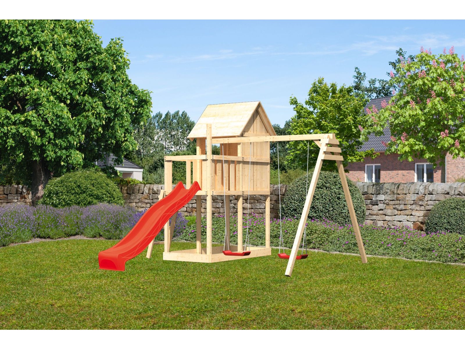 Karibu Stelzenhaus Frieda + Rutsche rot + Doppelschaukel