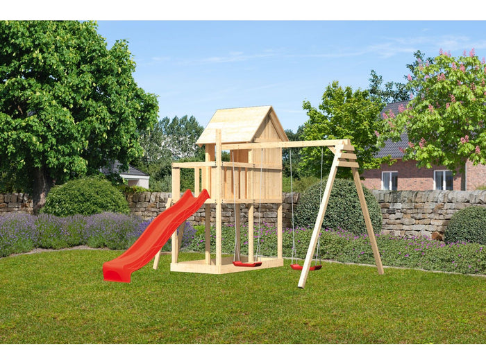 Karibu Stelzenhaus Frieda + Rutsche rot + Doppelschaukel