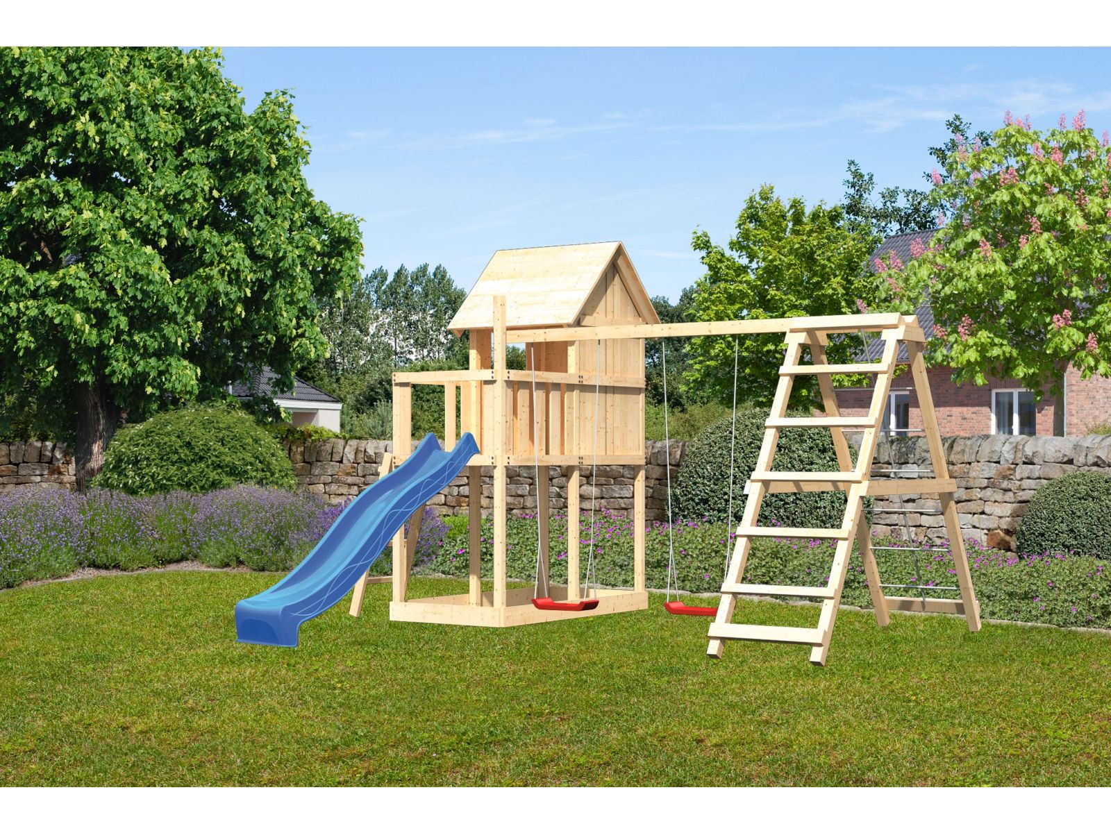 Karibu Stelzenhaus Frieda + Rutsche blau + Doppelschaukelanbau Klettergerüst