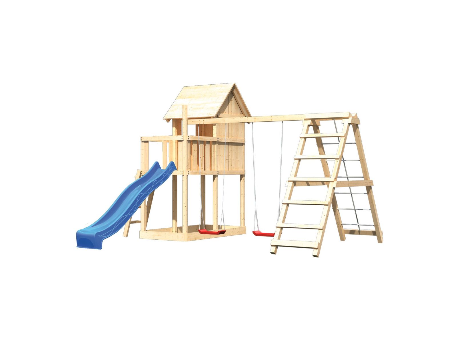 Karibu Stelzenhaus Frieda + Rutsche blau + Doppelschaukelanbau Klettergerüst