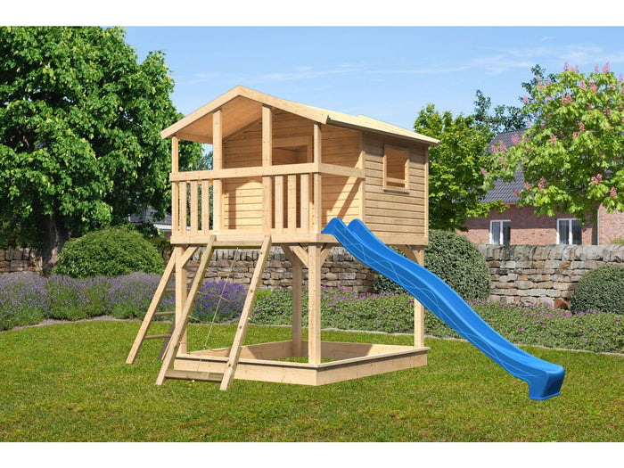 Karibu Stelzenhaus Benjamin natur mit Netzrampe und Rutsche in blau