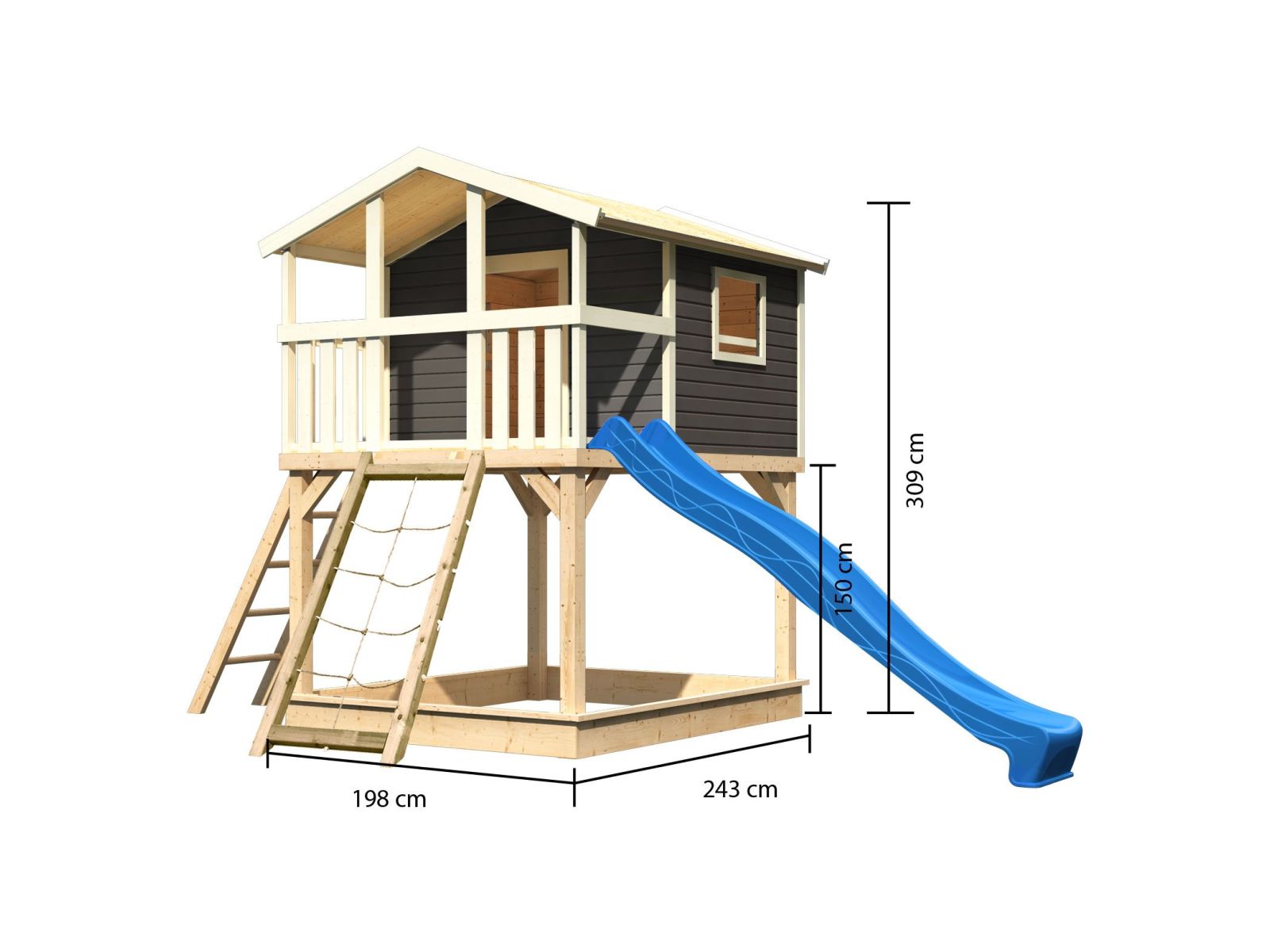 Karibu Stelzenhaus Benjamin terragrau mit Netzrampe und Rutsche in blau