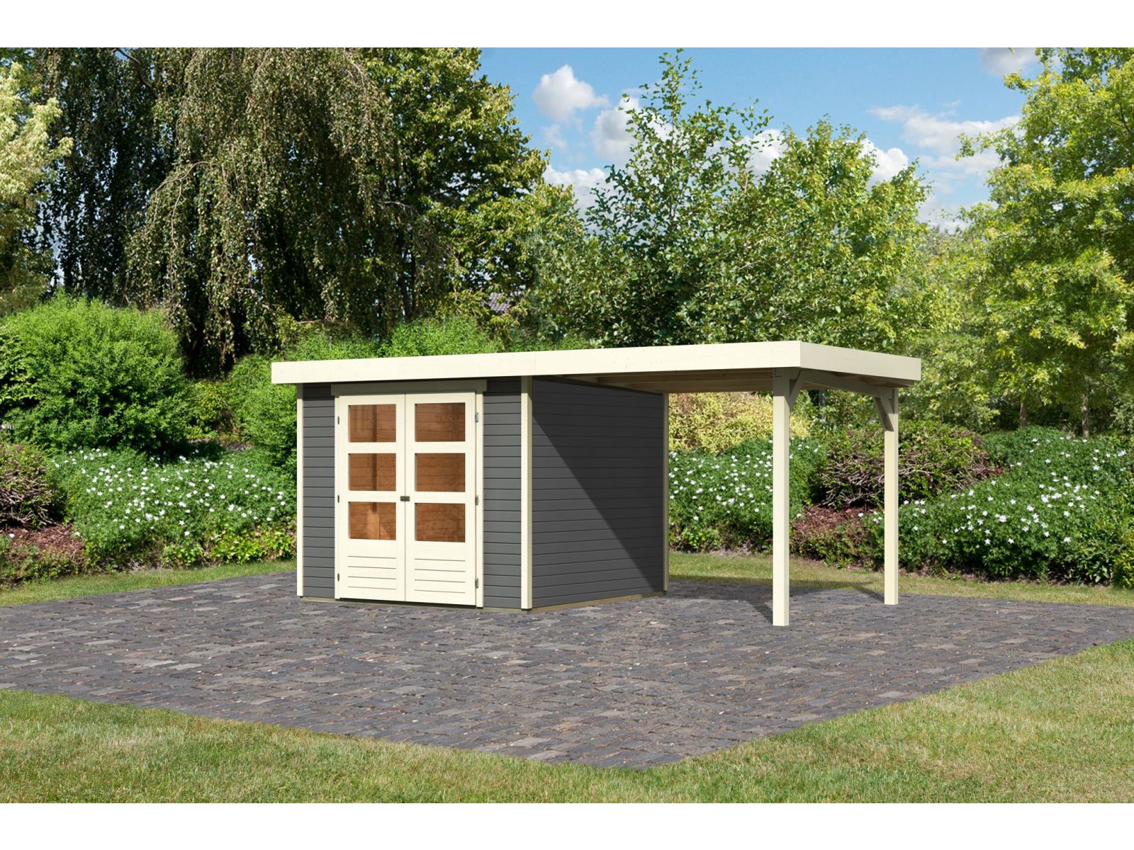 Karibu Gartenhaus Askola 3,5 mit Anbaudach 2,40 Meter terragrau