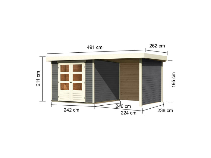 Karibu Gartenhaus Askola 3,5 mit Anbaudach 2,25 Meter, Seiten- und Rückwand in terragrau