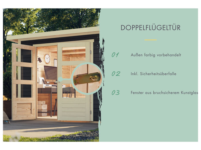 Karibu Gartenhaus Askola 3,5 mit Anbaudach 2,25 Meter, Seiten- und Rückwand in terragrau