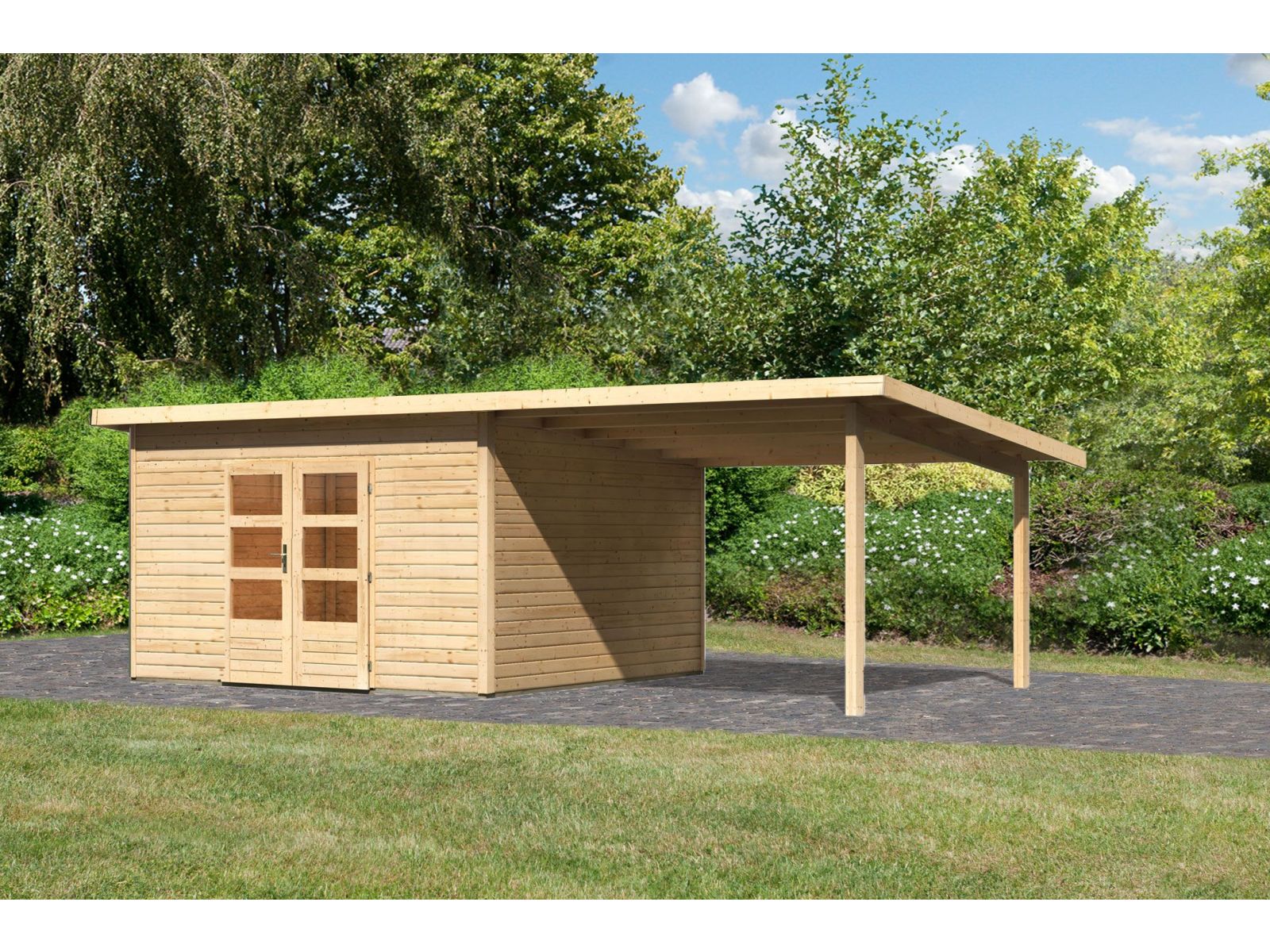 Karibu Gartenhaus Northeim 5 natur mit Anbaudach 3 m