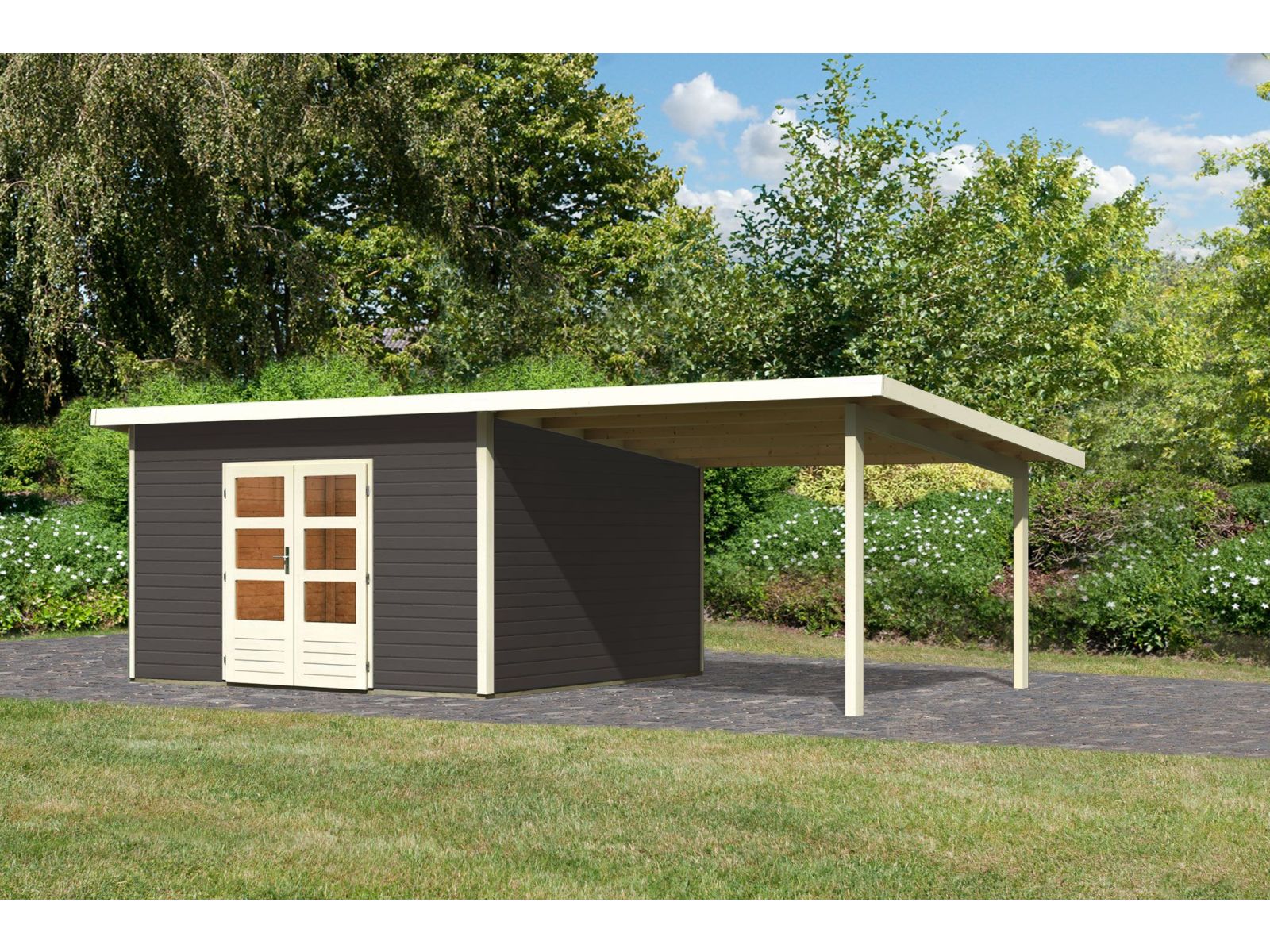 Karibu Gartenhaus Northeim 5 terragrau mit Anbaudach 3 m