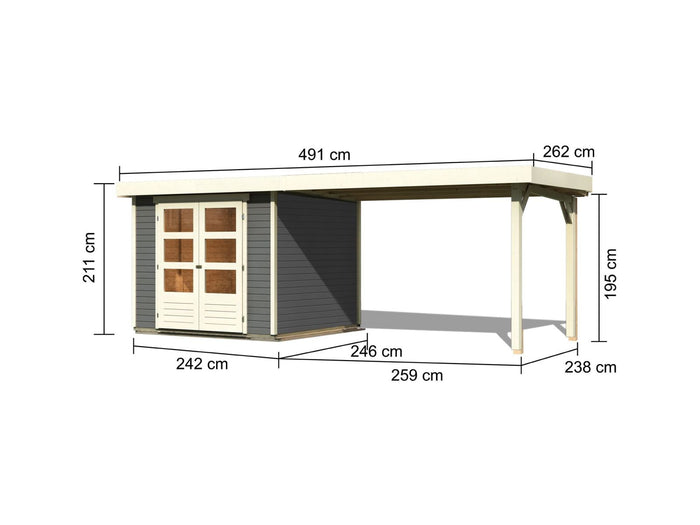 Karibu Gartenhaus Askola 3,5 mit Anbaudach 2,8 m in terragrau