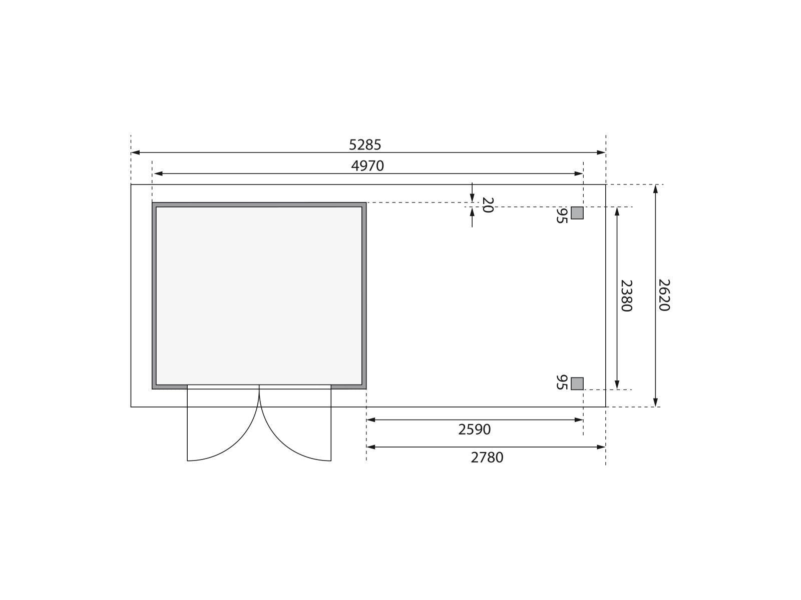 Karibu Gartenhaus Askola 3,5 mit Anbaudach 2,8 m, Rückwand
