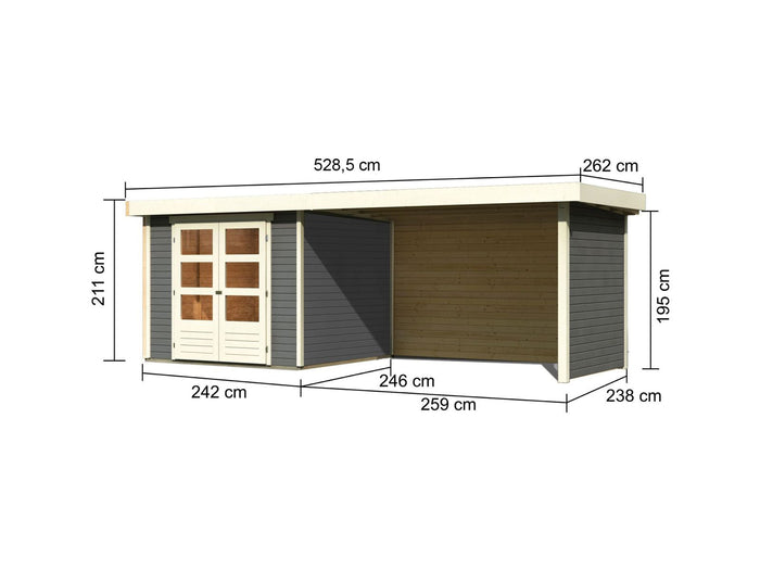 Karibu Gartenhaus Askola 3,5 mit Anbaudach 2,8 Meter, Seiten- und Rückwand in terragrau