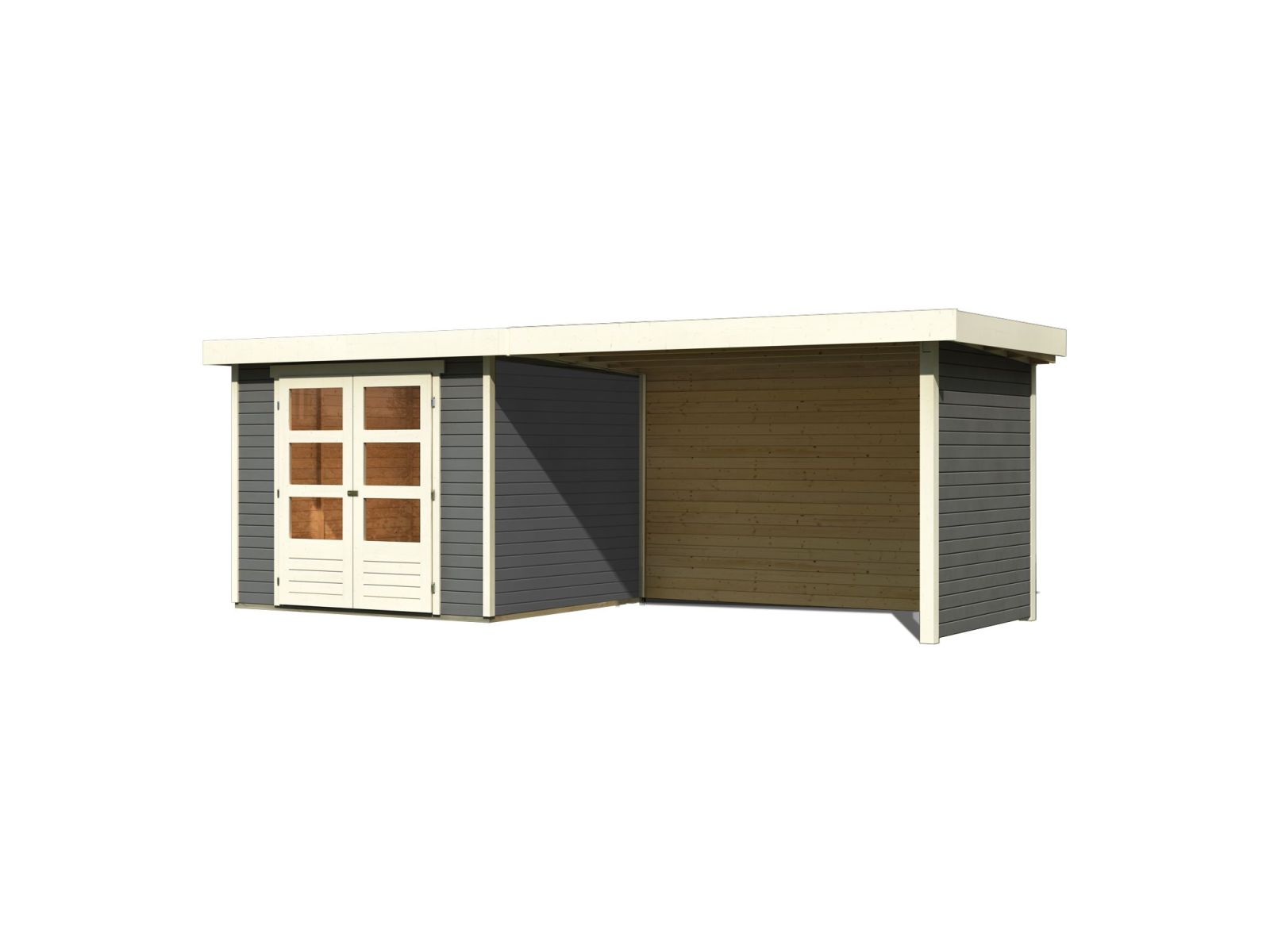 Karibu Gartenhaus Askola 3,5 mit Anbaudach 2,8 Meter, Seiten- und Rückwand in terragrau