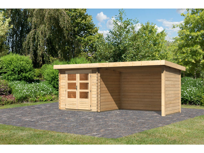 Karibu Gartenhaus Bastrup 2 mit Anbaudach 3 Meter inkl. Rück-und Seitenwand