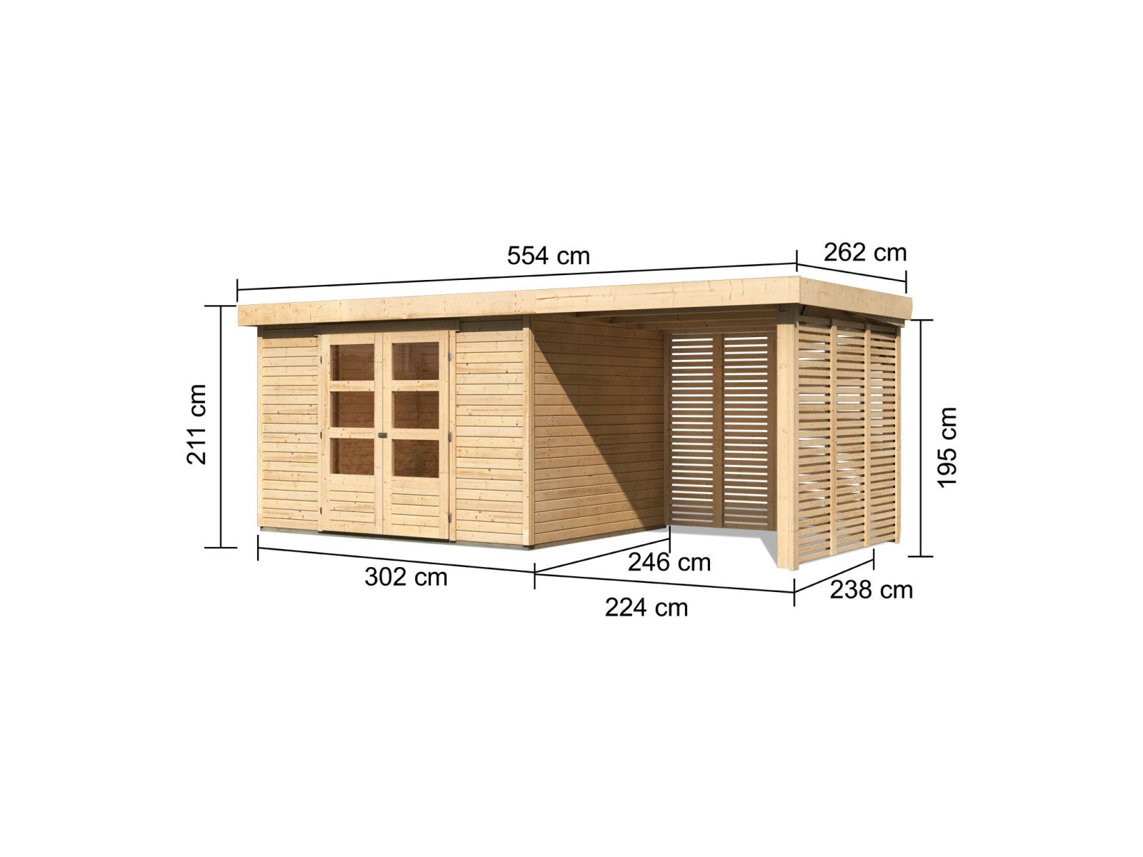 Karibu Gartenhaus Askola 5 mit Anbaudach 2,4 m, Lamellenwänden