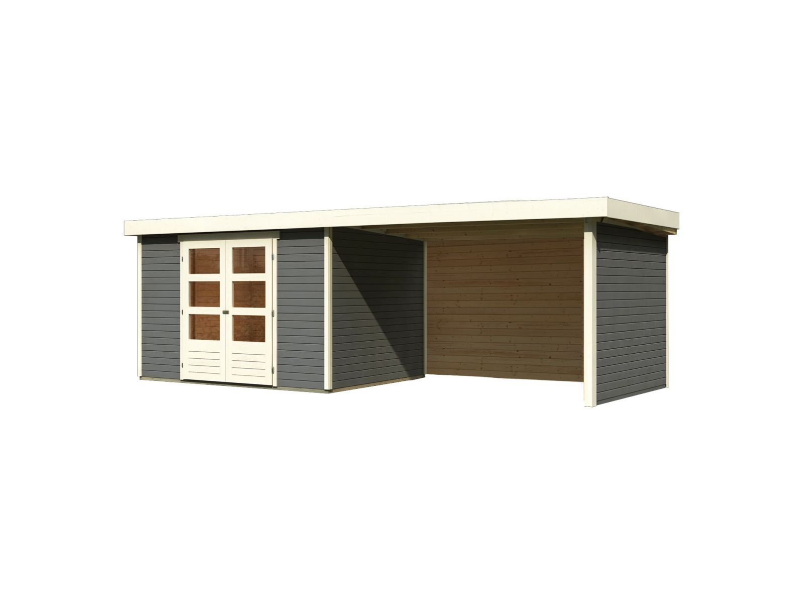 Karibu Gartenhaus Askola 5 mit Anbaudach 2,8 Meter, Seiten- und Rückwand, terragrau