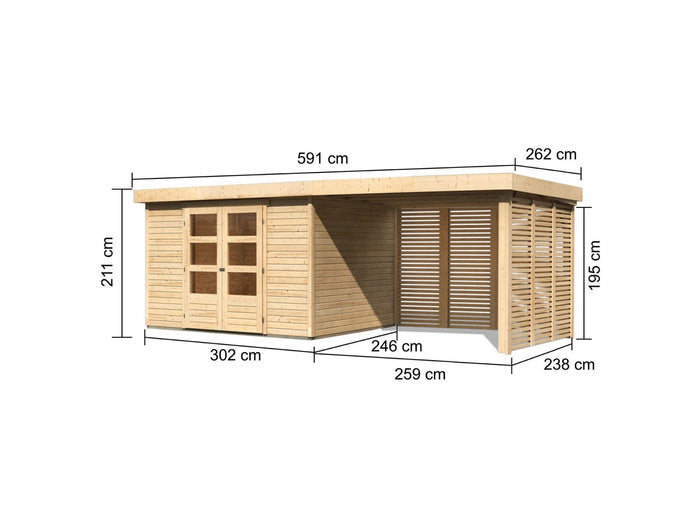 Karibu Gartenhaus Askola 5 mit Anbaudach 2,8 m, Lamellenwände