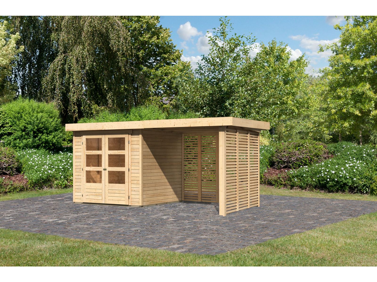 Karibu Gartenhaus Askola 2 inkl. 2,4 m Anbaudach mit Lamellenwänden