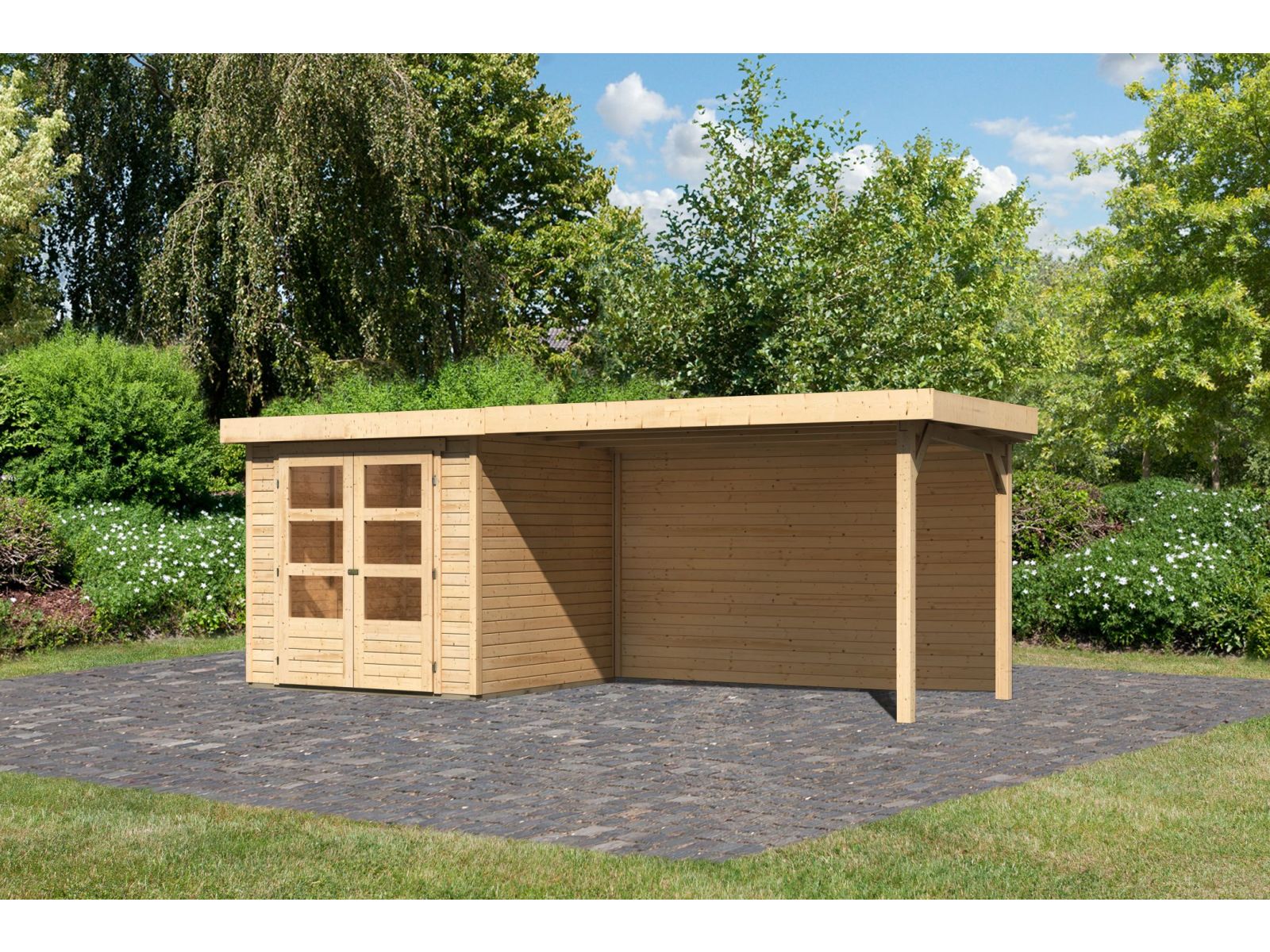 Karibu Gartenhaus Askola 2 mit Anbaudach 2,8 m und Rückwand