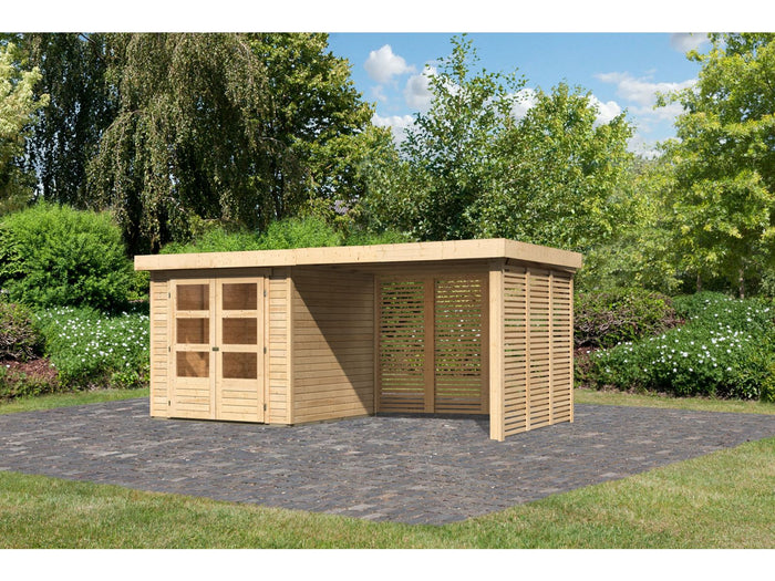 Karibu Gartenhaus Askola 2 mit Anbaudach 2,8 m und Seiten- und Rückwand in Lamellenoptik