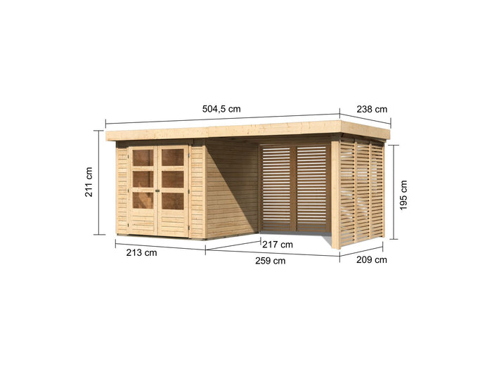 Karibu Gartenhaus Askola 2 mit Anbaudach 2,8 m und Seiten- und Rückwand in Lamellenoptik