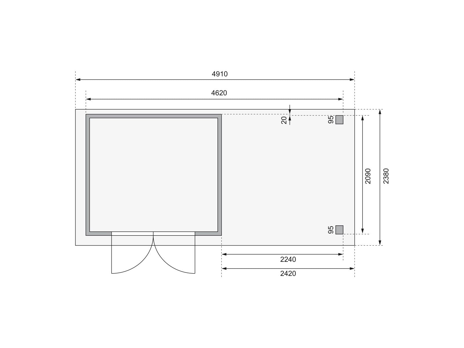 Karibu Gartenhaus Askola 3 mit Anbaudach 2,4 m, Rückwand