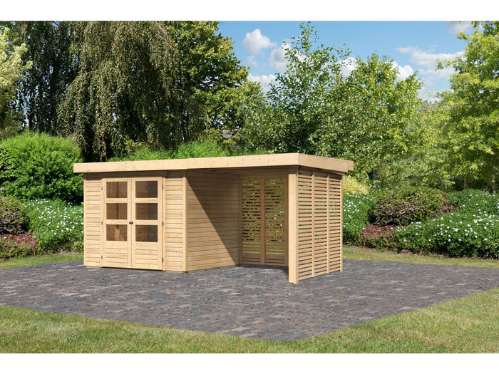 Karibu Gartenhaus Askola 3 mit Anbaudach 2,4 m mit Lamellenwänden