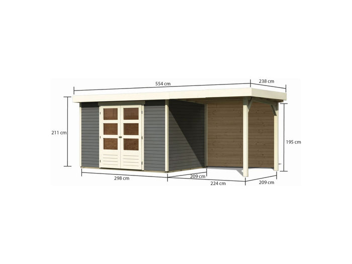 Karibu Gartenhaus Askola 4 mit Anbaudach 2,4 Meter, Rückwand, terragrau