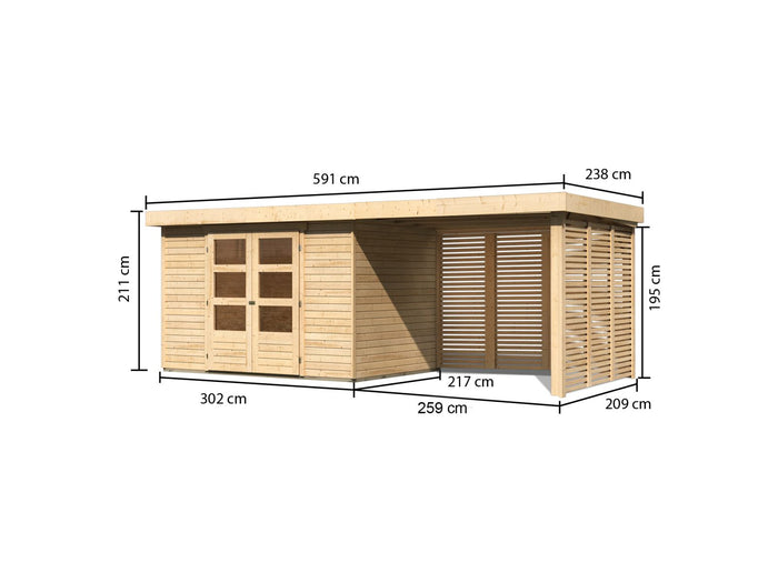 Karibu Gartenhaus Askola 4 mit Anbaudach 2,8 m, Lamellenwände