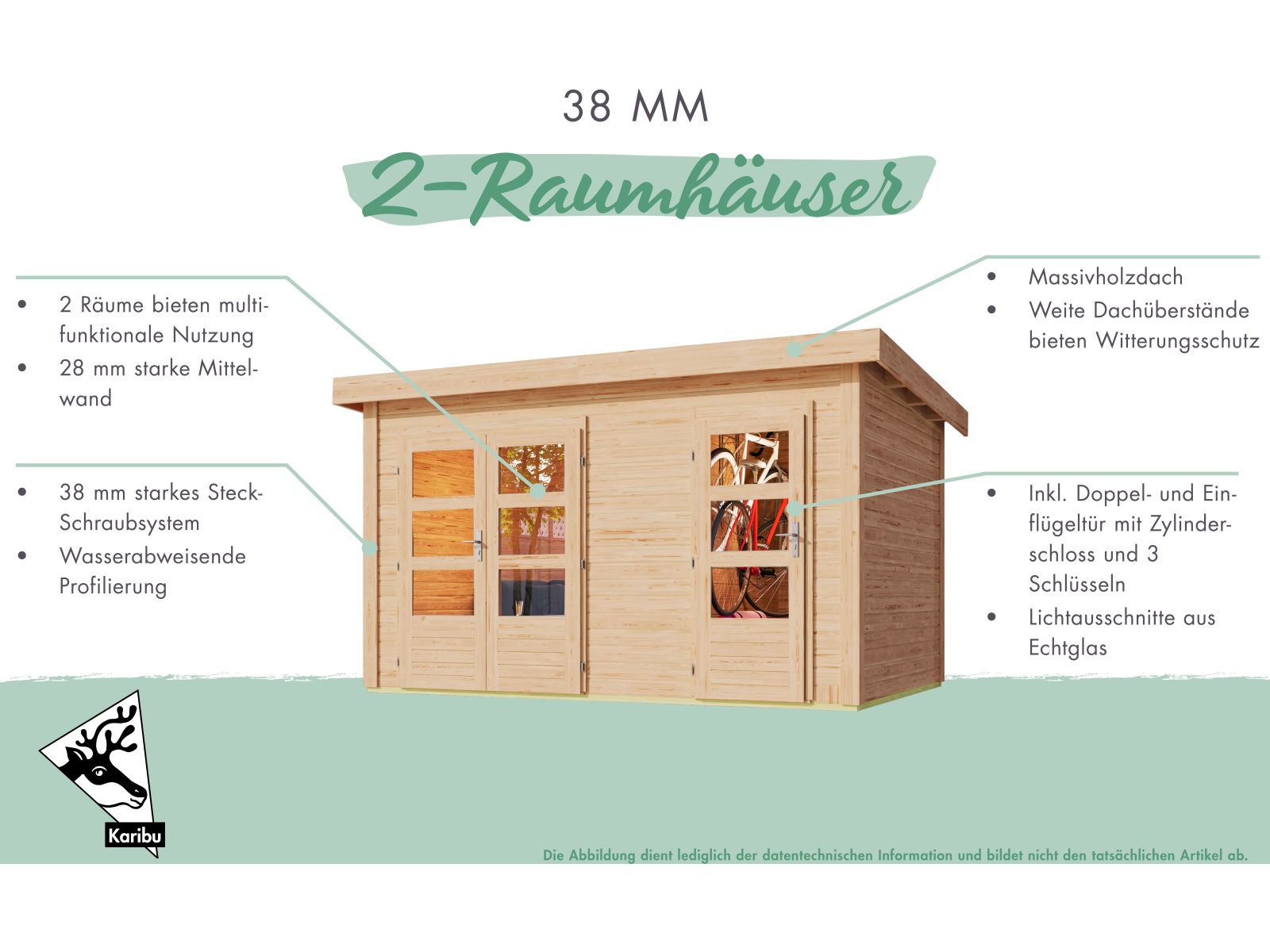 Karibu Gartenhaus Schönbuch 1,  38 mm 2-Raum-Haus - terragrau