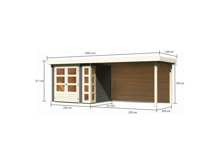 Karibu Gartenhaus Kerko 3 terragrau mit Anbaudach 2,80 m inkl. Rückwand