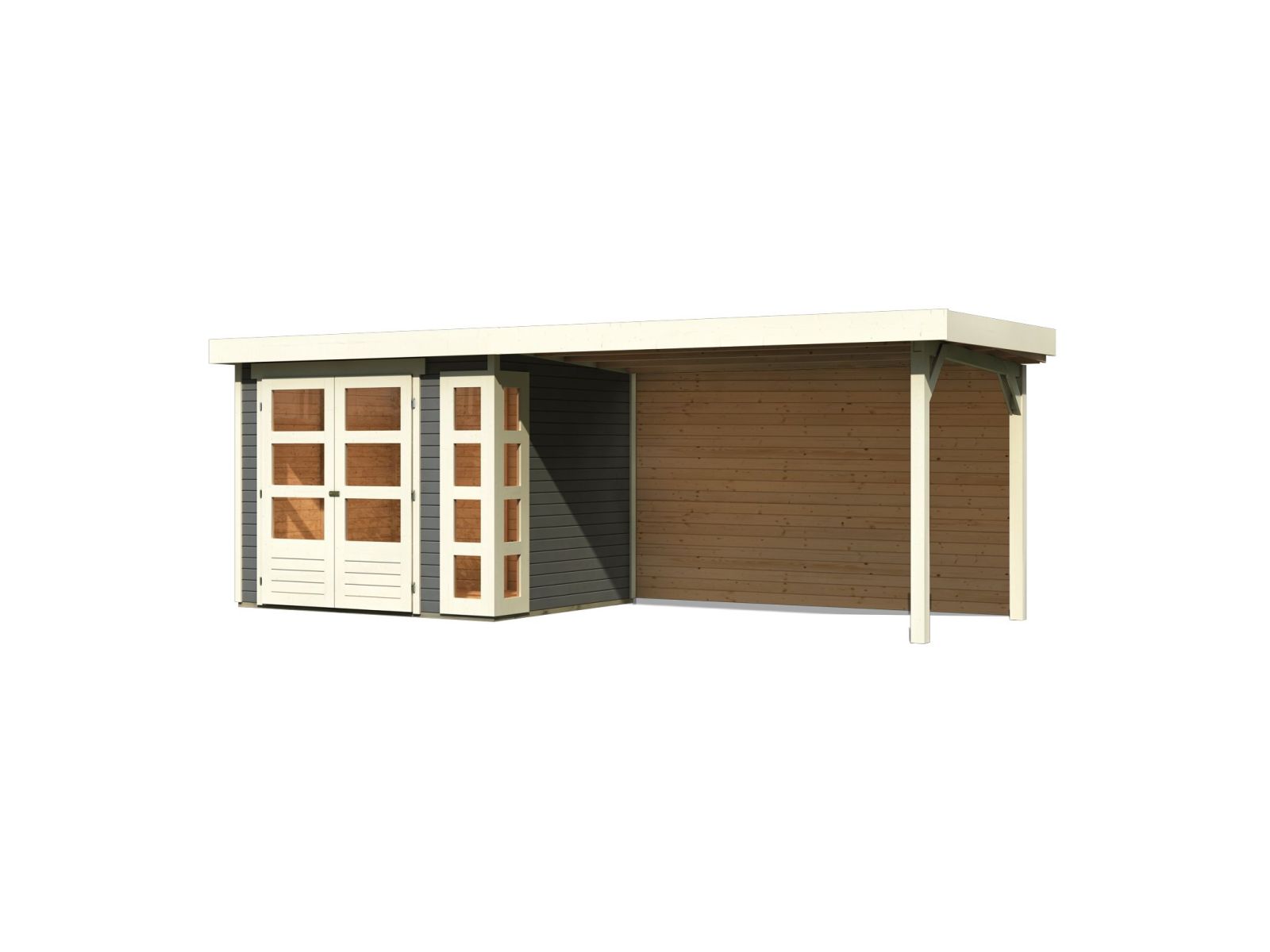 Karibu Gartenhaus Kerko 3 terragrau mit Anbaudach 2,80 m inkl. Rückwand