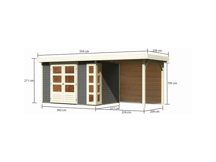 Karibu Gartenhaus Kerko 4 terragrau mit Anbaudach 2,40 m, Rückwand