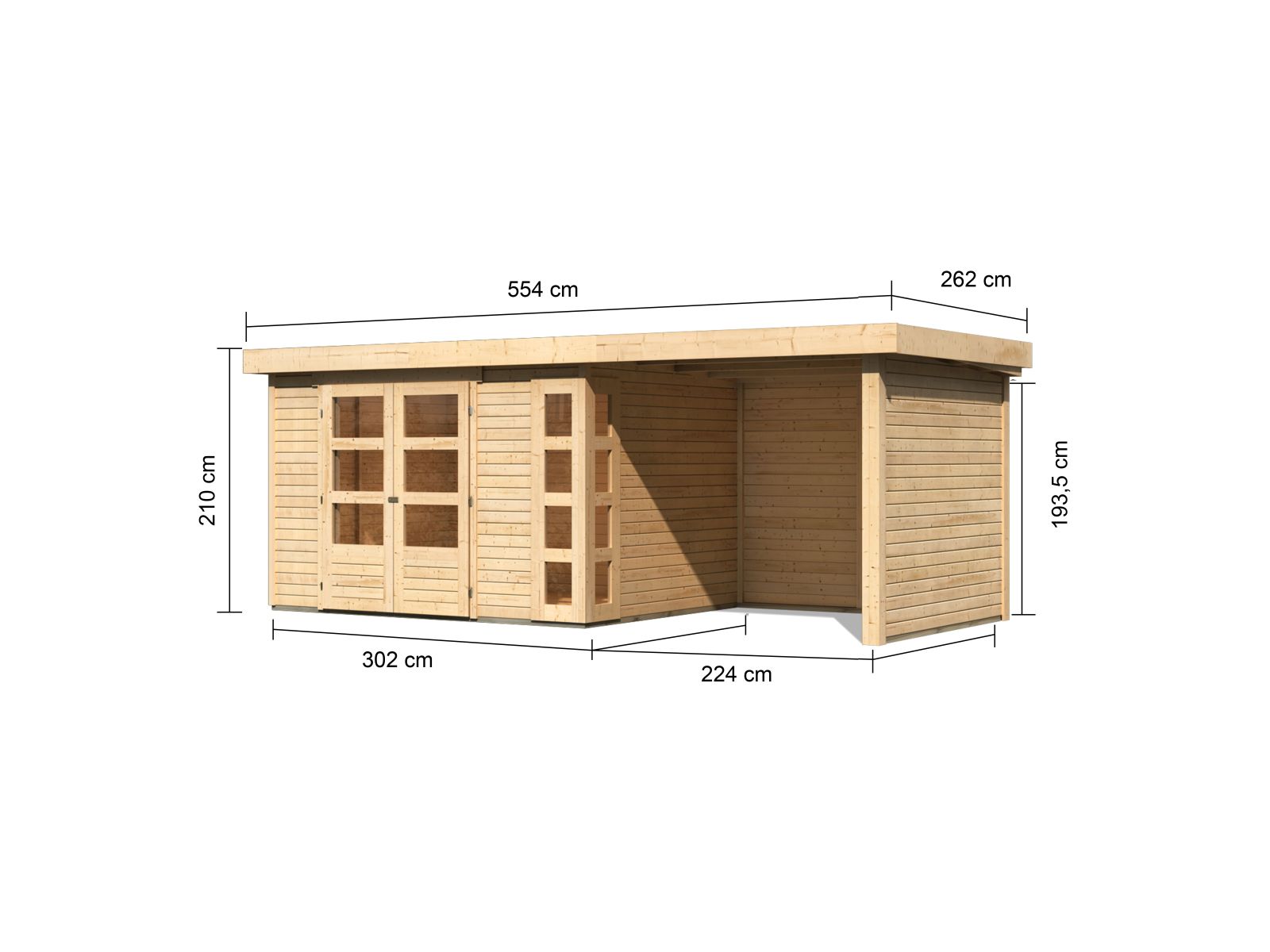 Karibu Gartenhaus Kerko 5 natur mit Anbaudach 2,40 m inkl. Seiten- und Rückwand