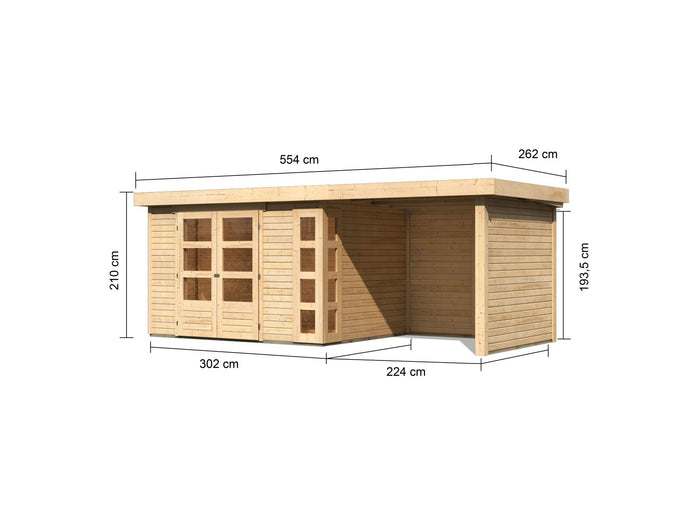 Karibu Gartenhaus Kerko 5 natur mit Anbaudach 2,40 m inkl. Seiten- und Rückwand