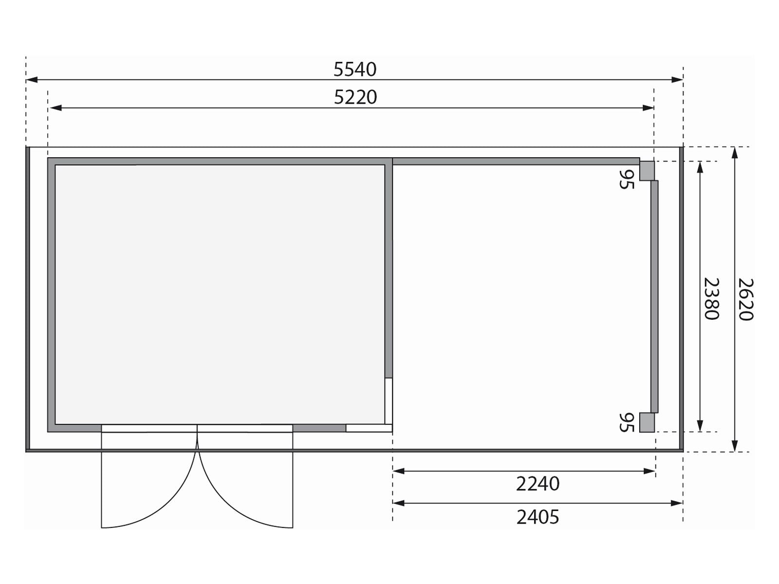 Karibu Gartenhaus Kerko 5 natur mit Anbaudach 2,40 m inkl. Seiten- und Rückwand