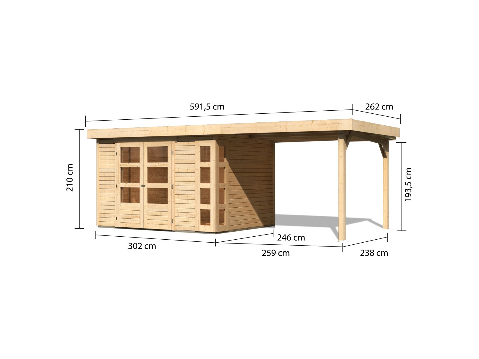 Karibu Gartenhaus Kerko 5 natur mit Anbaudach 2,80 m