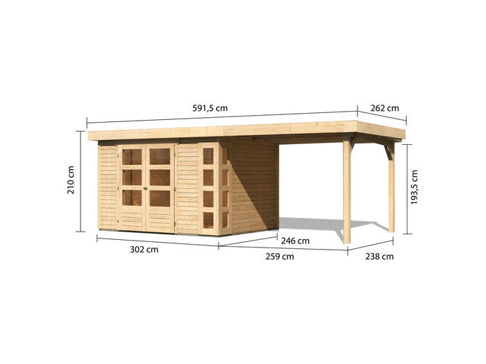 Karibu Gartenhaus Kerko 5 natur mit Anbaudach 2,80 m