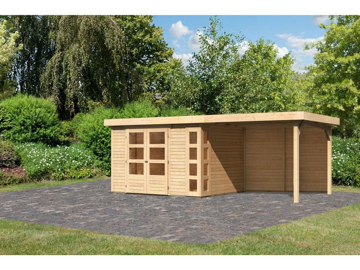 Karibu Gartenhaus Kerko 5 natur mit Anbaudach 2,80 m inkl. Rückwand