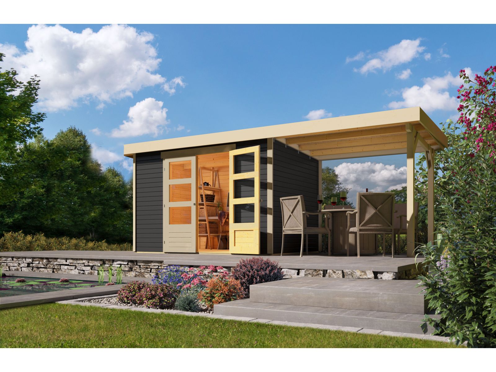 Karibu Gartenhaus Askola 4 in terragrau mit Anbaudach 2,40 Meter